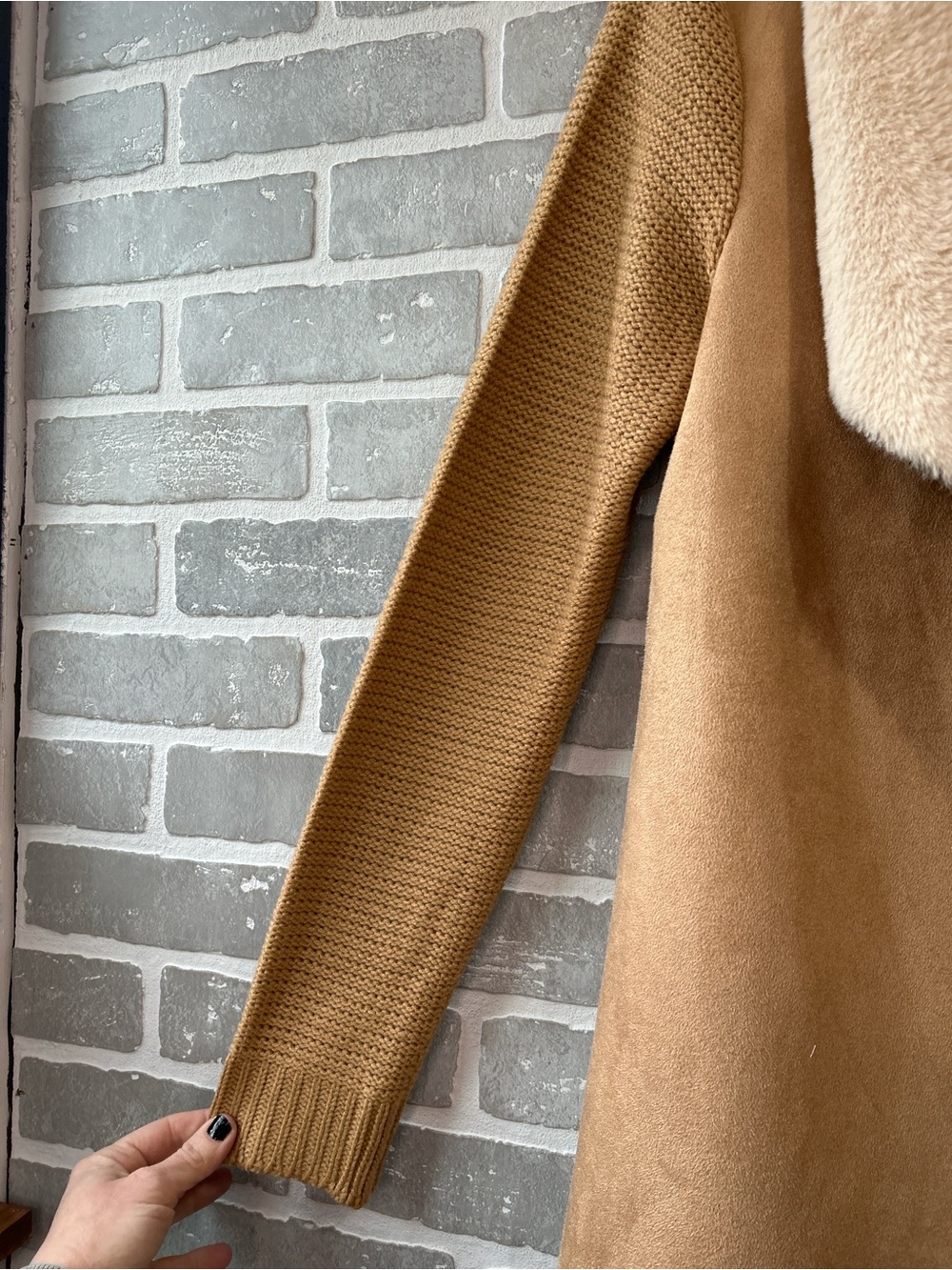 Twelfth Love Sherpa Sweater Coat Med Camel Faux Suede Cozy Open Front Cardigan - Picture 5 of 6